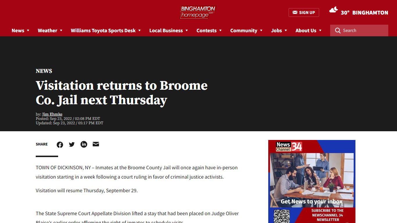 Visitation returns to Broome Co. Jail next Thursday